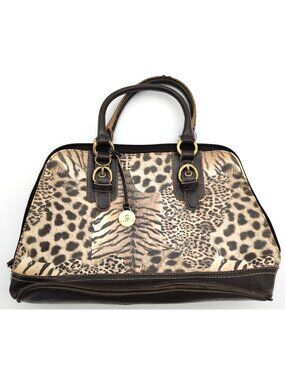 Animal Print Satchel Handbag Leopard Zebra Pattern Brown Structured Purse